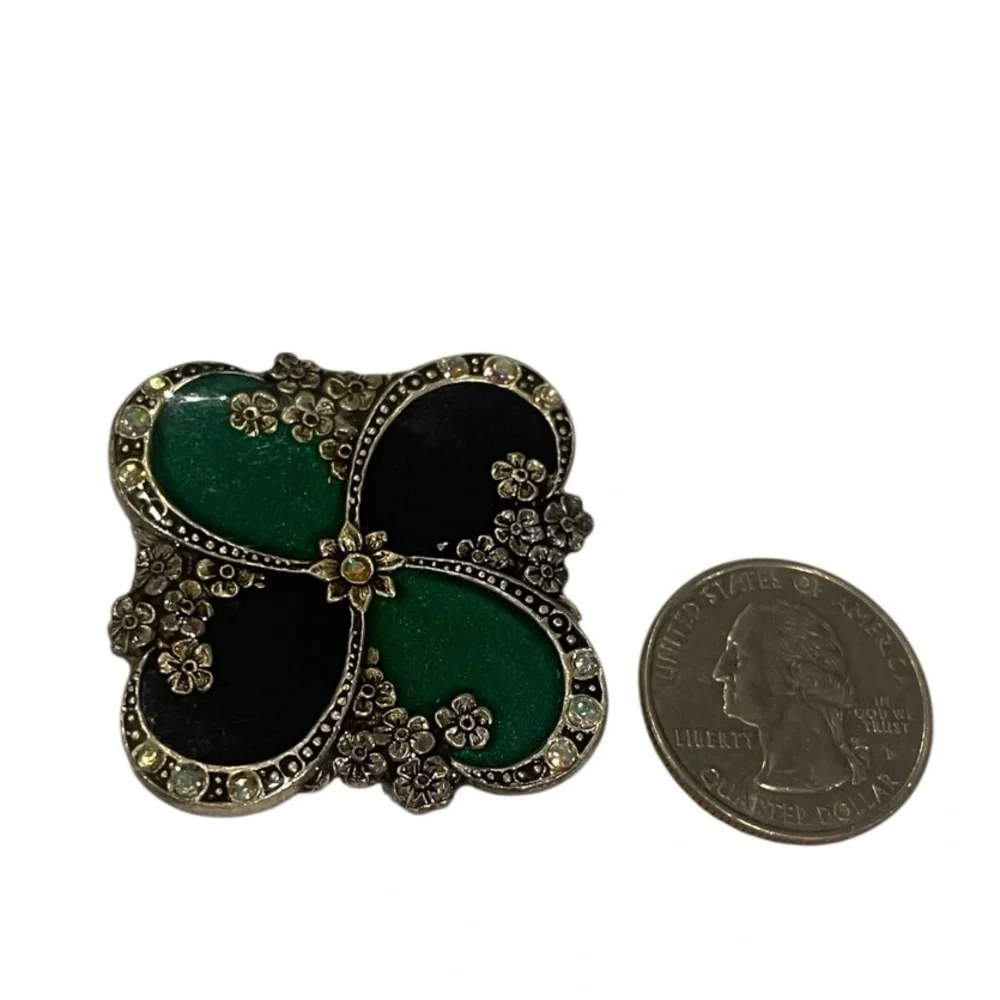 Catherine Popesco Square Black Green Enamel Crystal Pin Brooch VINTAGE FRANCE